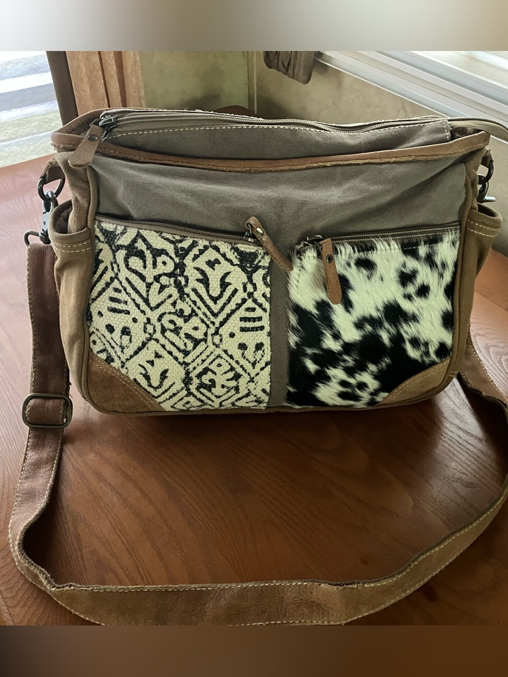Myra Two Toned Up cycled Canvas and Cowhide Hair On Shoulder Bag